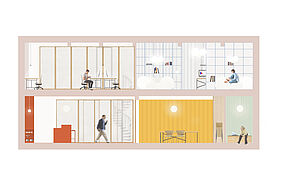 Schnitt mit Überblick der Farbgebung in den Räumen