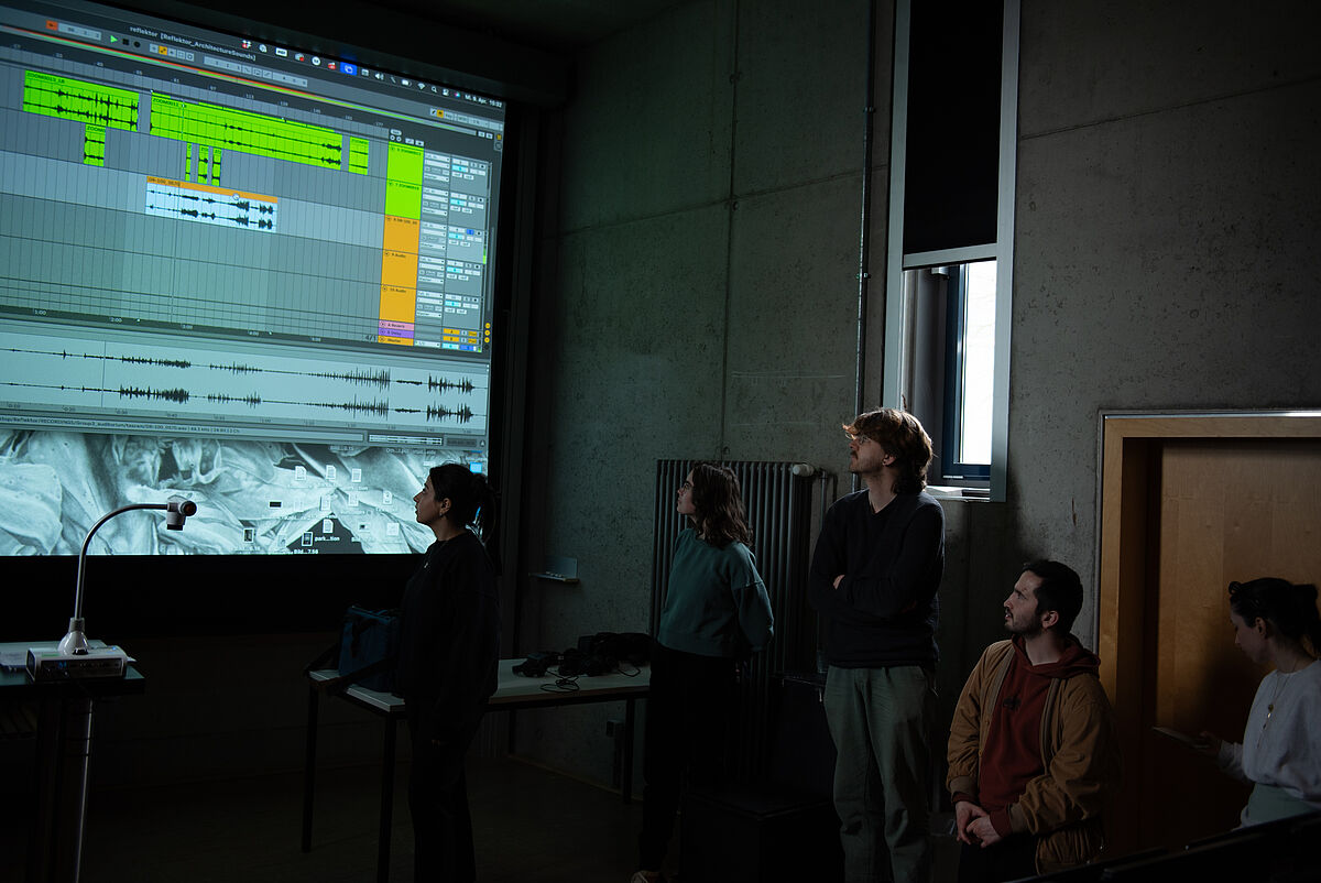 Teilnehmende des Workshops blicken auf eine Leinwand, auf der ein Akustikprogramm geöffnet ist.