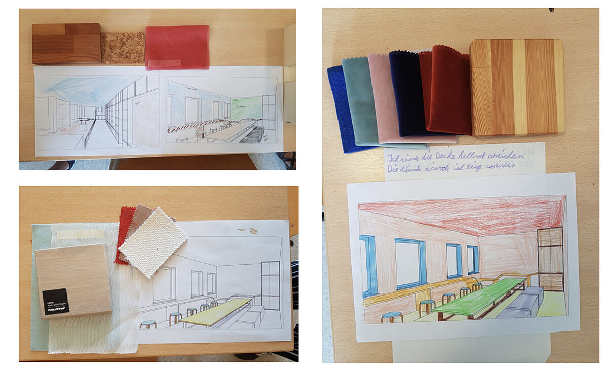 Auf einem Tisch liegen Zeichnungen und Materialproben, die eine Raumstimmung zeigen
