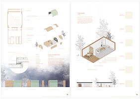 Entwurf Ava Knauf Plan 03 & 04 Konzept "Ganz Großes Kino" - Kino mit Schiebemodul zur gleichwertign Nutzung von Indoor- und Outdoorkino Atelier - Herstellung von Samenpapier als Transportverpackung für Käse, Herstellung Veggiefell
