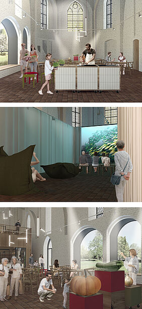 Flexibles Forum für kollektive Kochabende (Oben), Ostseekino (Mitte) und den alljährlichen Jesendorfer Erntewettbewerb (Unten)