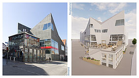 Gegenüberstellung der ursprünglichen Fassade zum Neubau